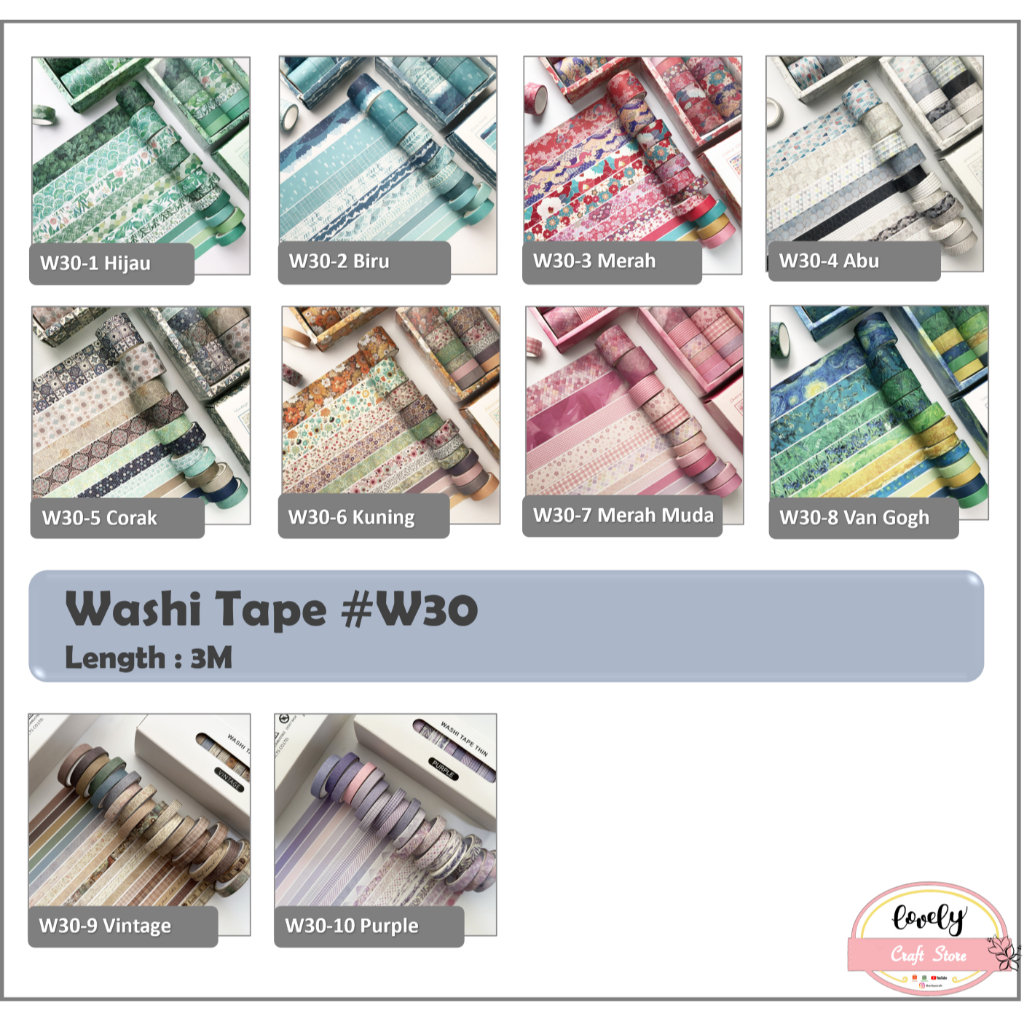 

LovelyCraftStore | W30 Washi Tape Selotip Kertas 12pcs/set or 20pcs/set Vintage Retro Paper Tape Basic Tape Art Bullet Journal Decoration Tape