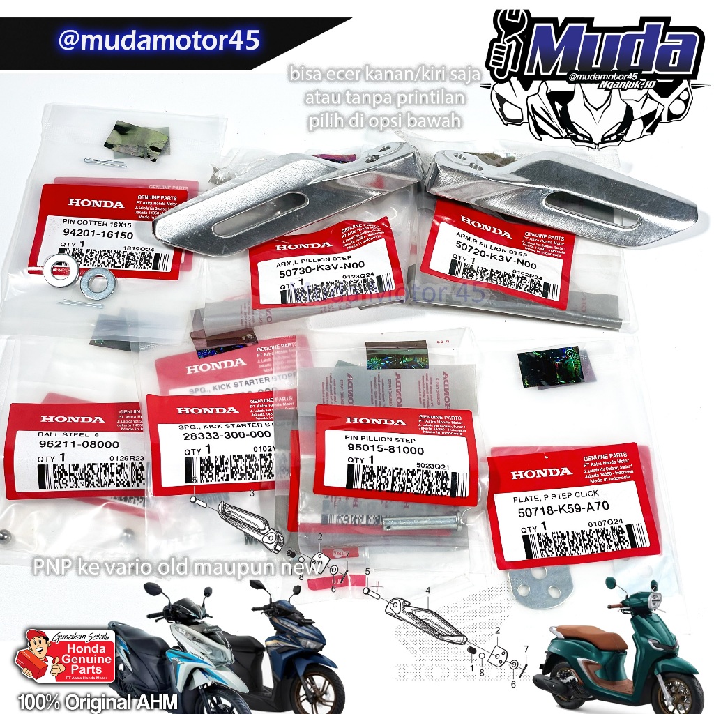 FOOT STEP BELAKANG STYLO 160 KANAN OR KIRI 50720-50730-K3V-N00 PNP VARIO SCOOPY BEAT BESI PIJAKAN BA