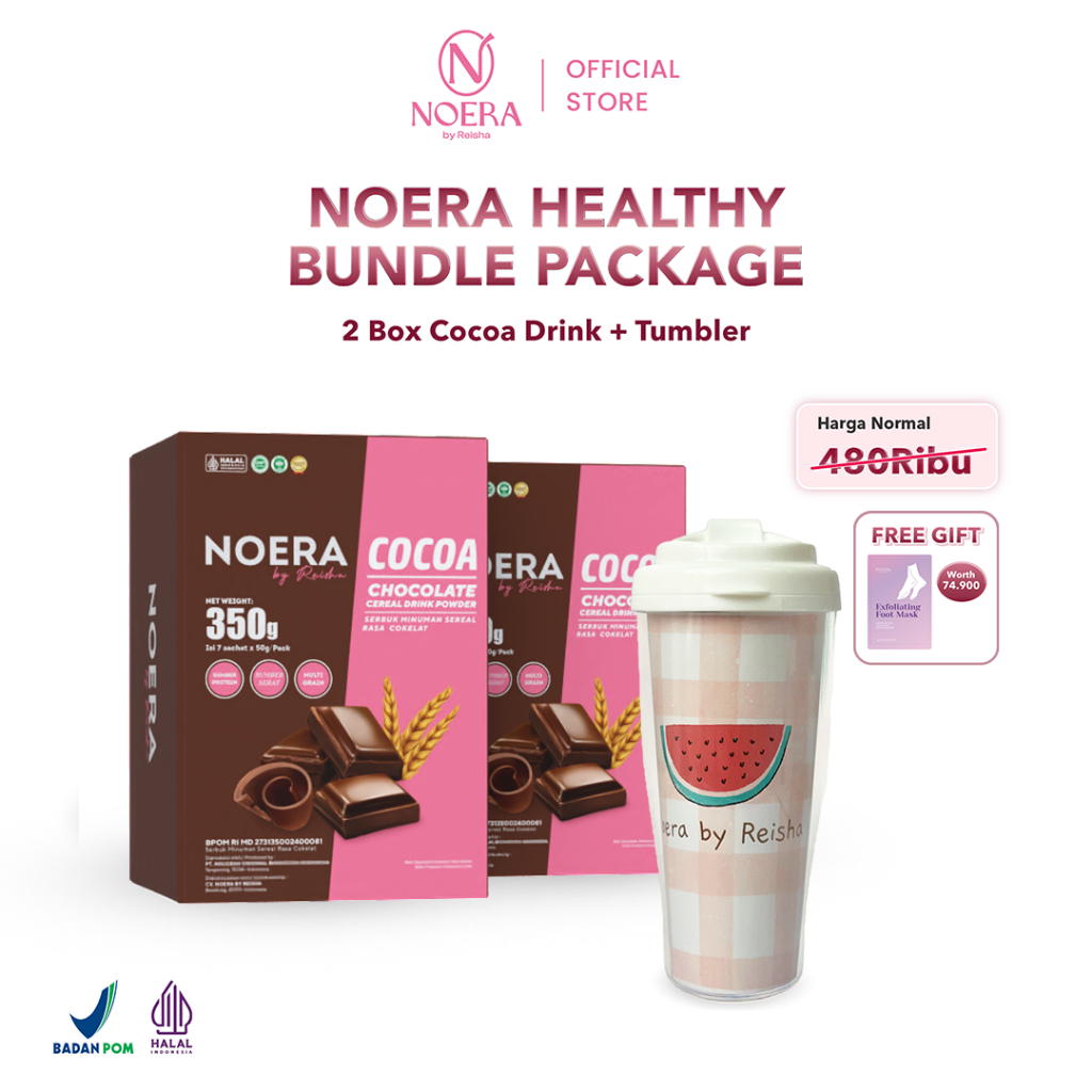 

Paket 2 Box Noera Lean Cocoa + Tumbler | Noera Meal Replacement | Pengganti Makan | Susu Diet Coklat | Chocolate Cereal Powder Drink | FREE Foot Mask