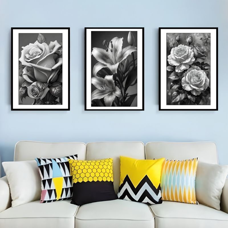 HIASAN DINDING AESTHETIC BUNGA HITAM PUTIH DEKORASI RUANGAN KAMAR RUMAH TEMA HITAM PUTIH WALLDECOR B