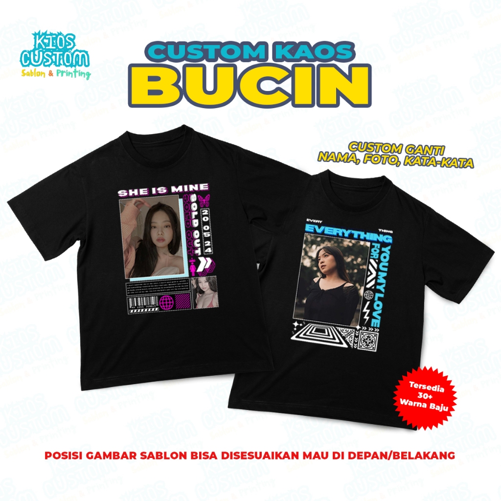 Baju Custom Kaos Bucin Sablon Custom Foto Nama Tulisan Pria Wanita - Baju Couple Pasangan