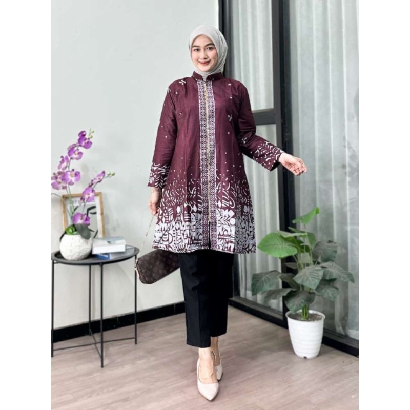 TUNIK BATIK WANITA.TUNIK ZIPPER.TUNIK RESLETING DEPAN.WARNA BURGENDY