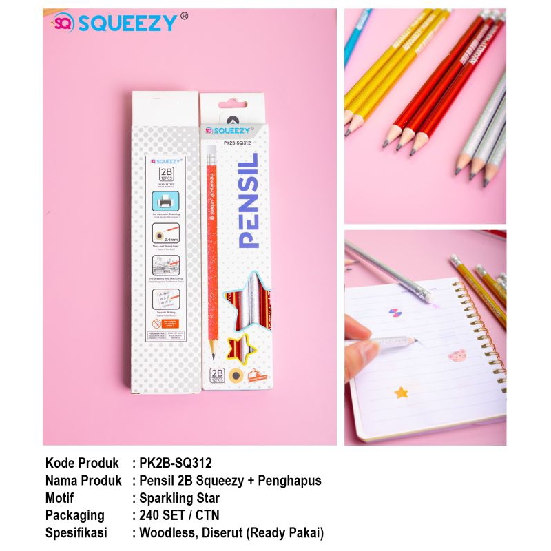

1 PACK = 12 BIJI Pensil 2B + Penghapus Squeezy SQ 312