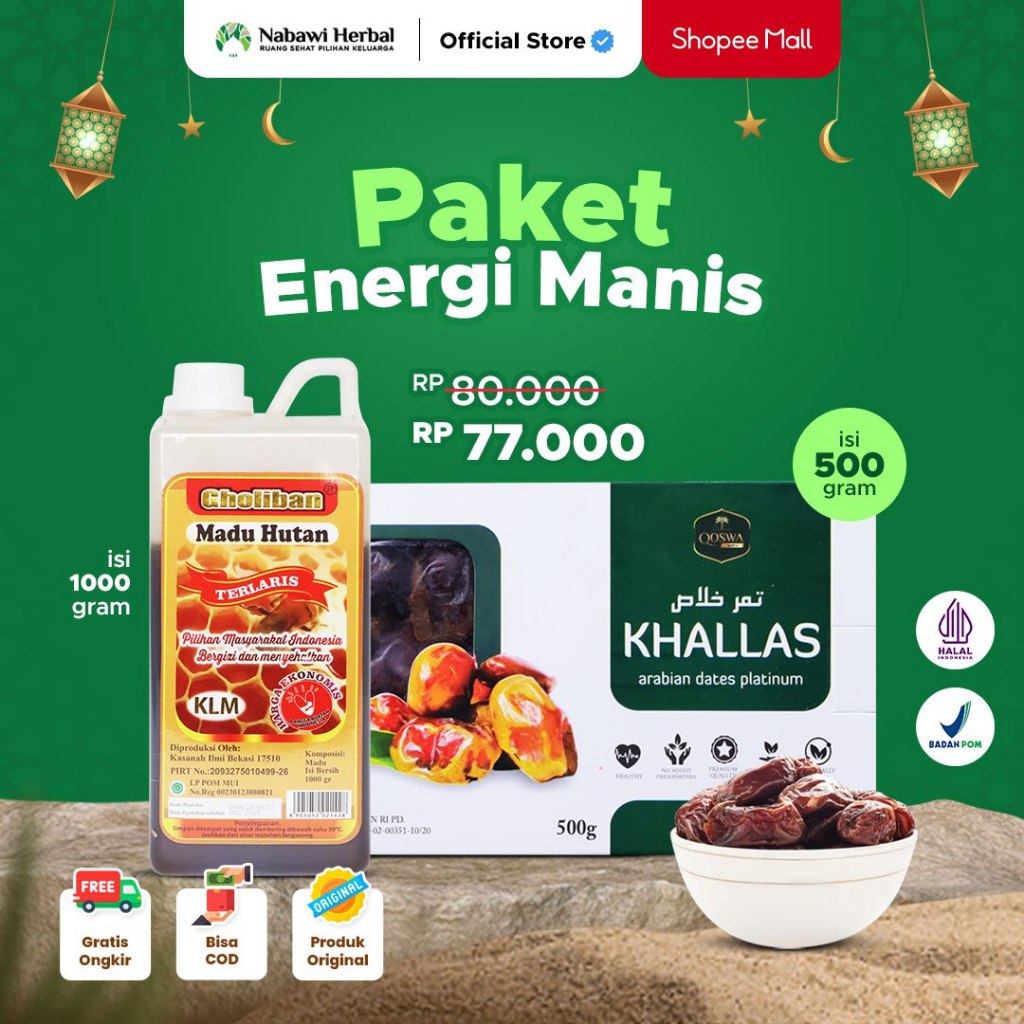 

PAKET ENERGI MANIS - Kurma Kholas Humaira Qoswa 500gr & Gholiban Madu Hutan KLM 100% Asli 1kg