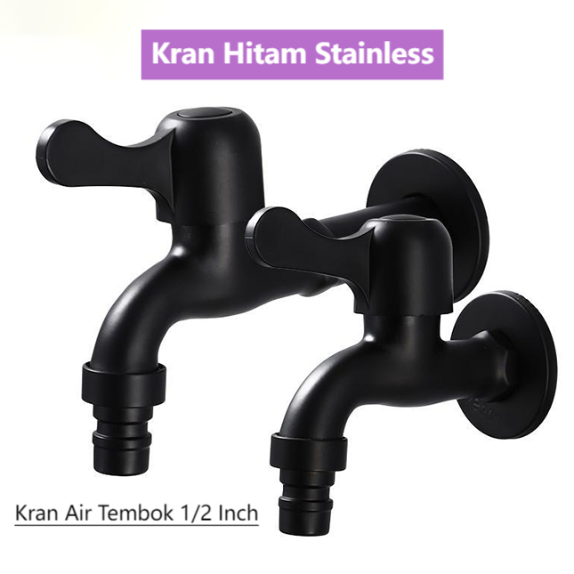 Kran Hitam Stainless Kran Air Tembok 1/2 Inch Kran Air Mesin Cuci Wastafel Panjang Stainless Steel