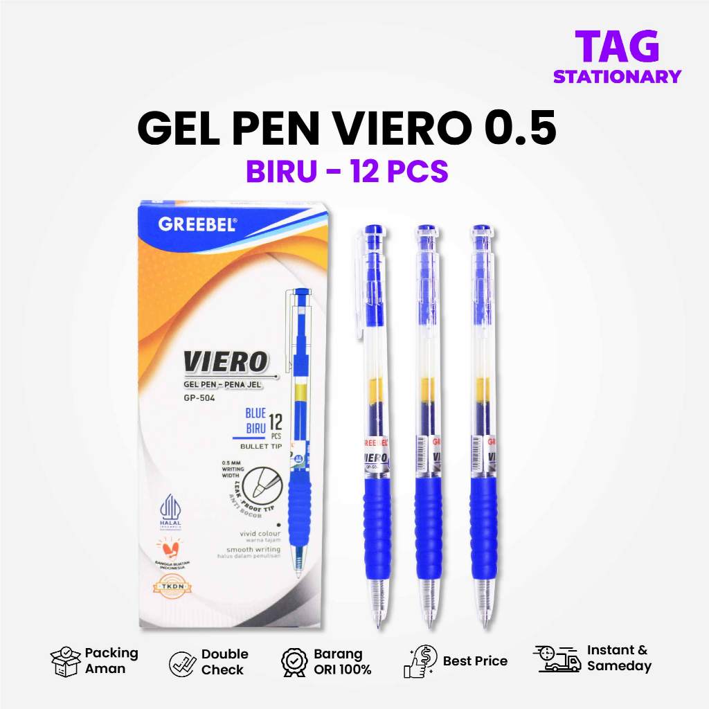 

GREEBEL Bolpen Pulpen Gel / Gel Pen GP-504 Viero 0.5 Tinta Biru (12PCS/SET) / Ballpen Pulpen Cetek