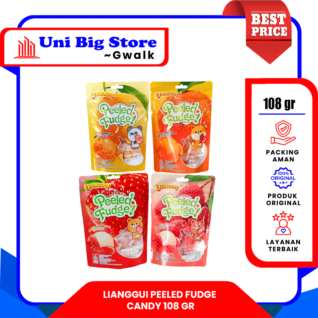 

PERMEN LIANGGUI PEELED FUDGE STRAWBERRY - LYCHEE - MANGO - ORANGE - 108 gr