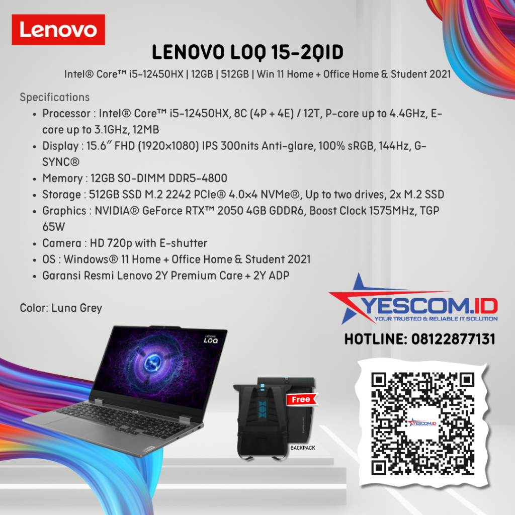 Lenovo LOQ 15IAX9E-83LK002QID/Core i5-12450HX/12GB/512GB SSD