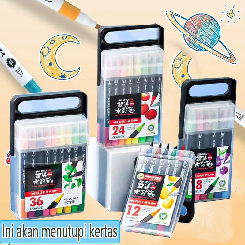 

12/18/24/36 Warna Sketsa Spidol Brush Pen 2 Tips Spidol Warna Set Umum General colour Marker Set