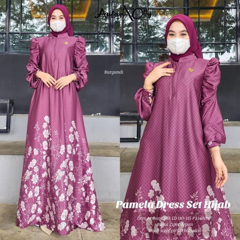 Pamela Set Hijab Slik Ld110 Motif Bunga Cantik Gamis Lebaran Kekinian Terbaru Aufaa