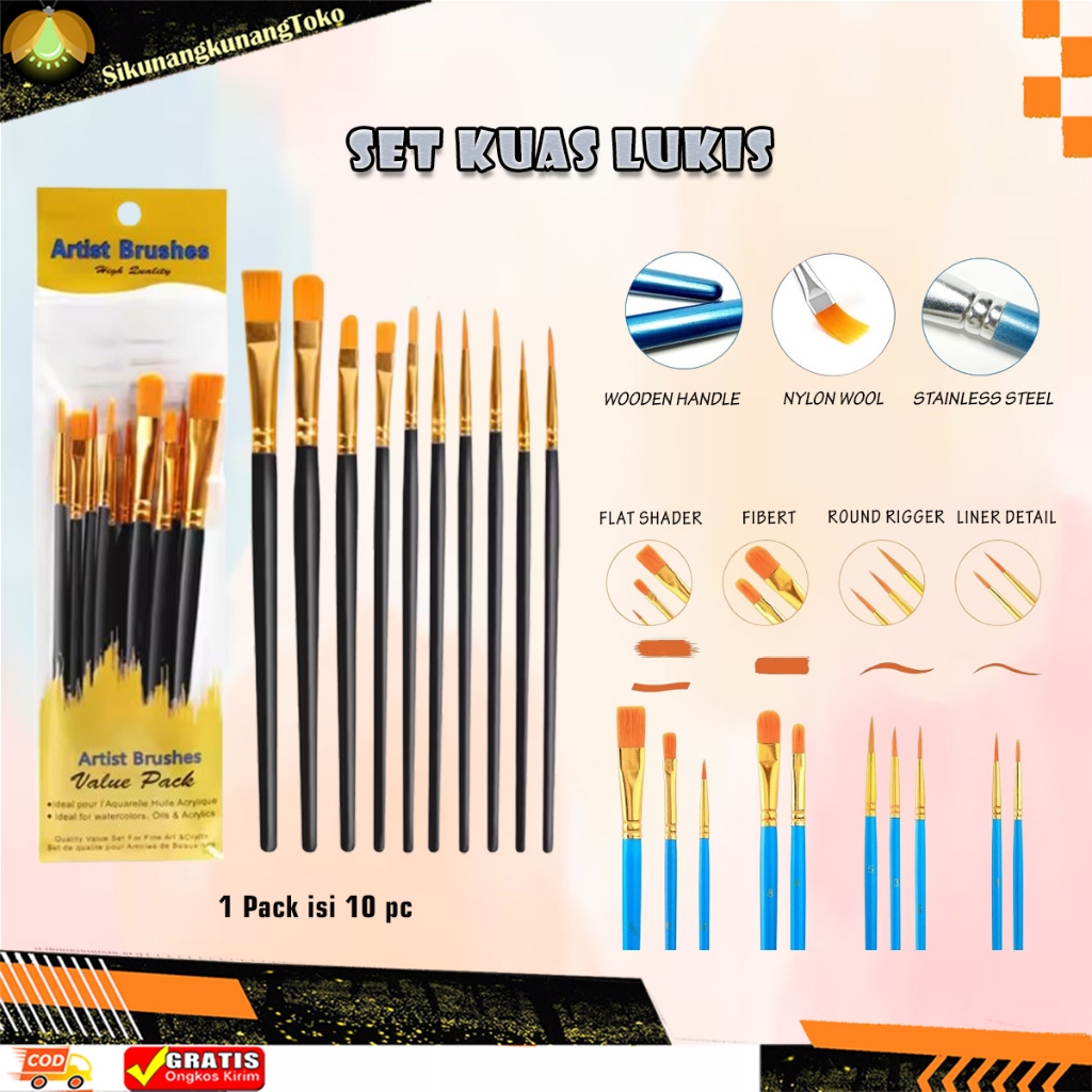 (skn) Set Kuas Lukis 10pcs Paket Brush Melukis 10 in 1 pcs face painting brus cat acrylic air minyak