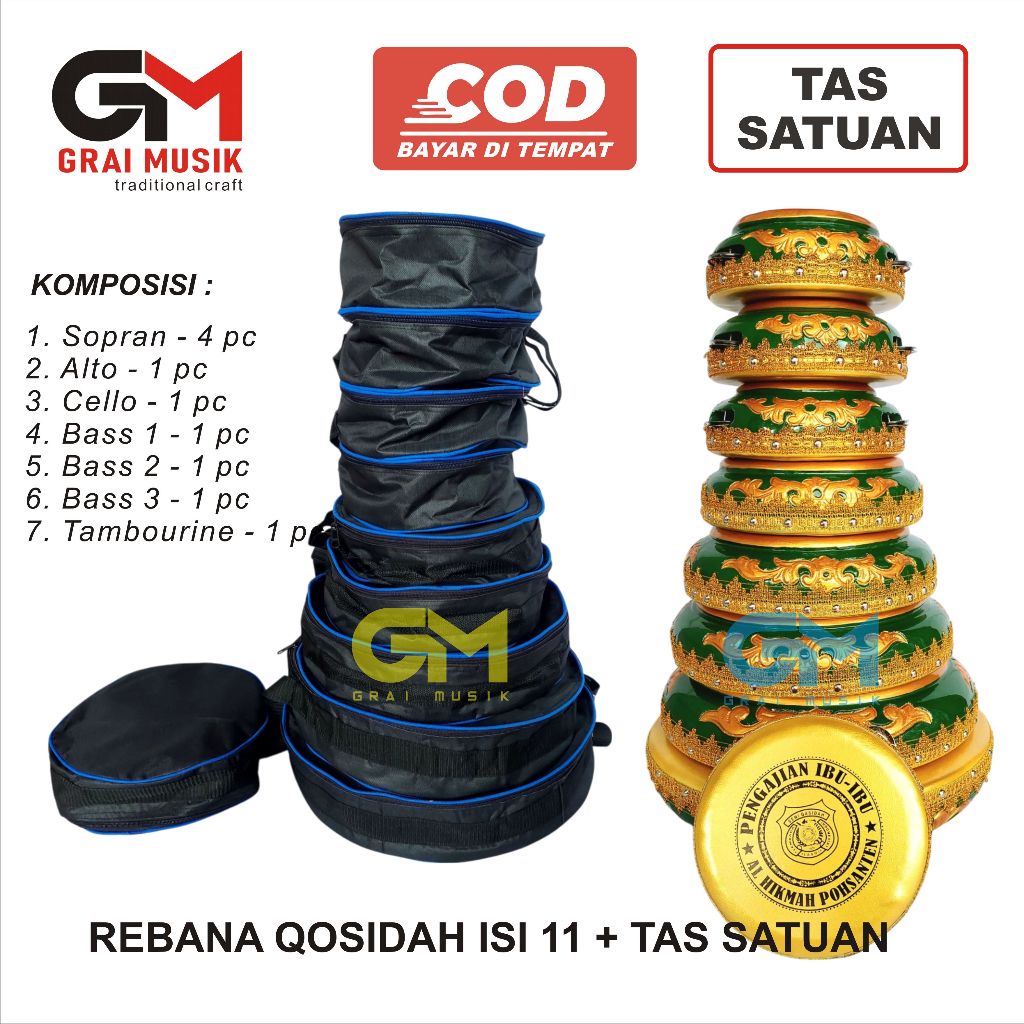 Rebana qosidah ukir super isi 9 dan 2 tambourine total alat 11 pc