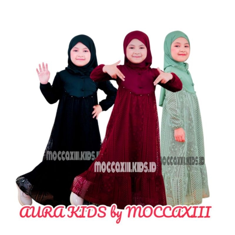 AURA KIDS set Hijab Gamis Anak Lebaran Terbaru 2025 - Gamis Anak Brokat Mutiara Usia 1 2 3 4 5 6 7 8