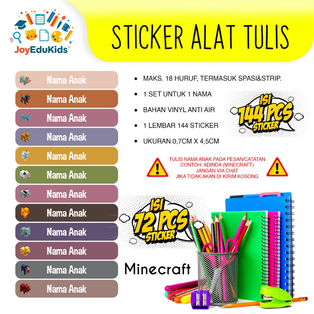 

Sticker Alat Tulis Anak Minecraft Custom Print dan Cut Waterproof Label Nama Lucu