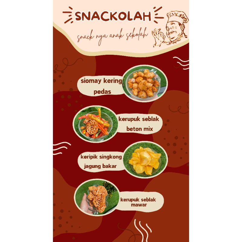 

SnacKolah (Snack nya anak sekolah) - Siomay Kering Pedas, Kerupuk Seblak Beton Mix, Keripik Singkong Jagung Bakar, Kerupuk Seblak Mawar.