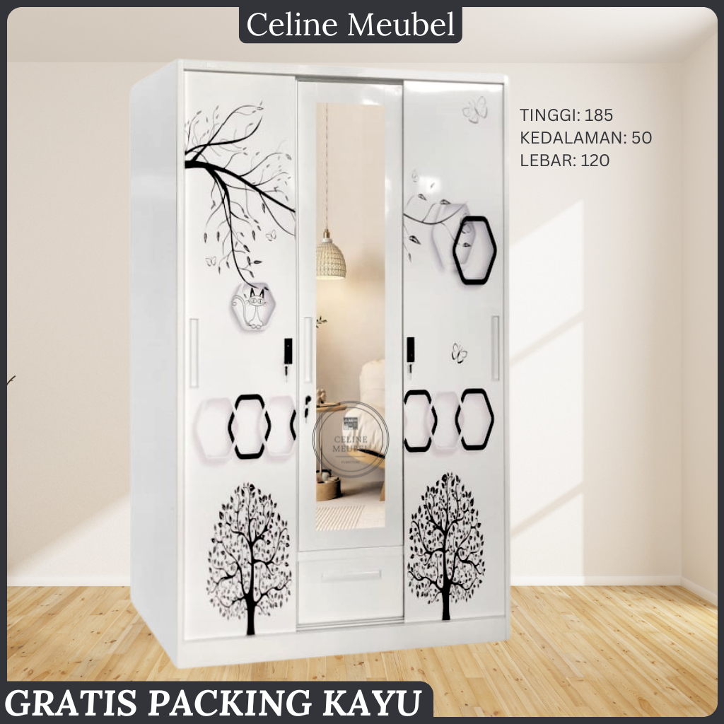 CELINE. Lemari Baju Besi Sliding - Lemari Baju 3 Pintu - Lemari Baju Besi - Lemari sliding Baju Besi