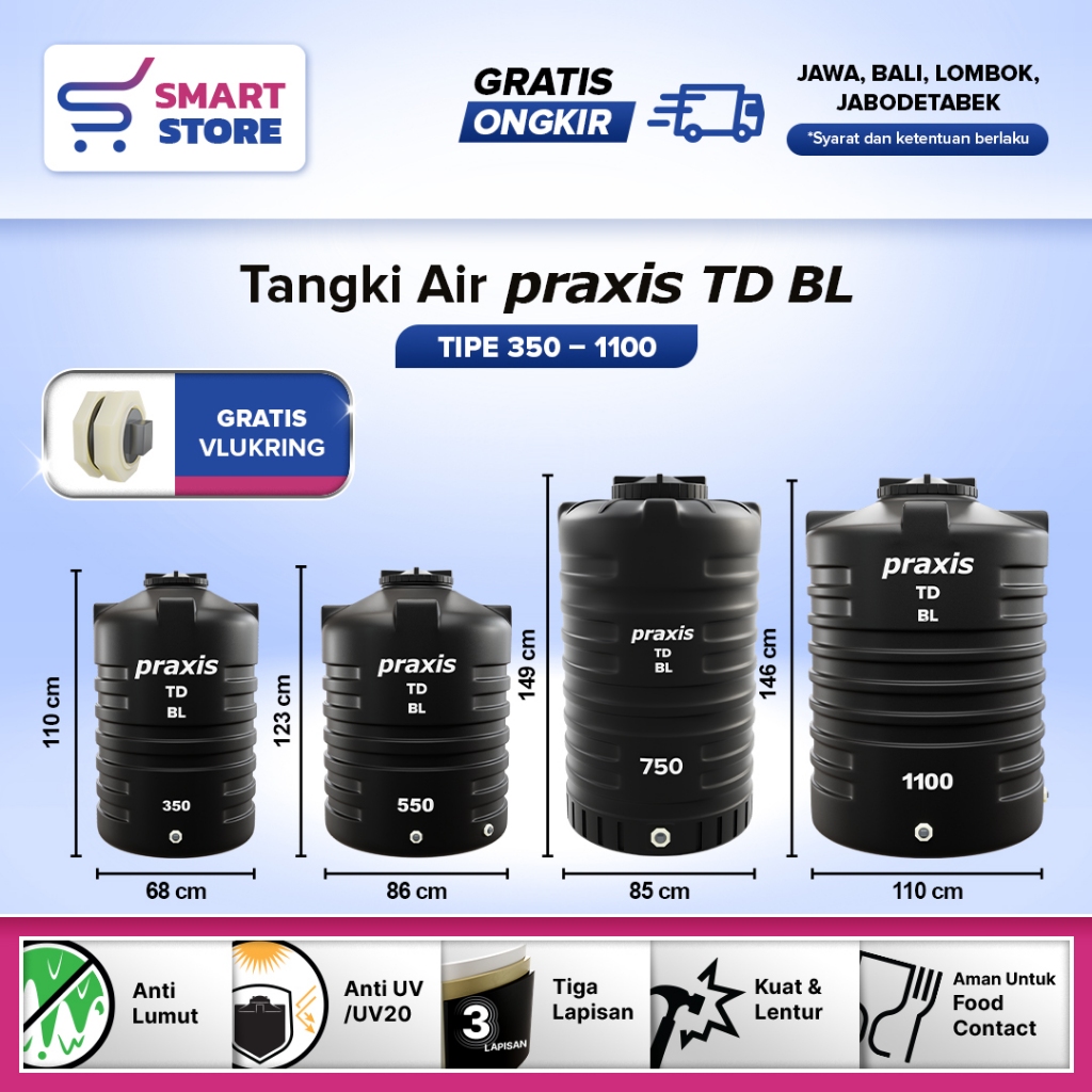 Tandon Toren Tangki Air PRAXIS 350-1100L Anti Lumut Termurah Dan Kuat