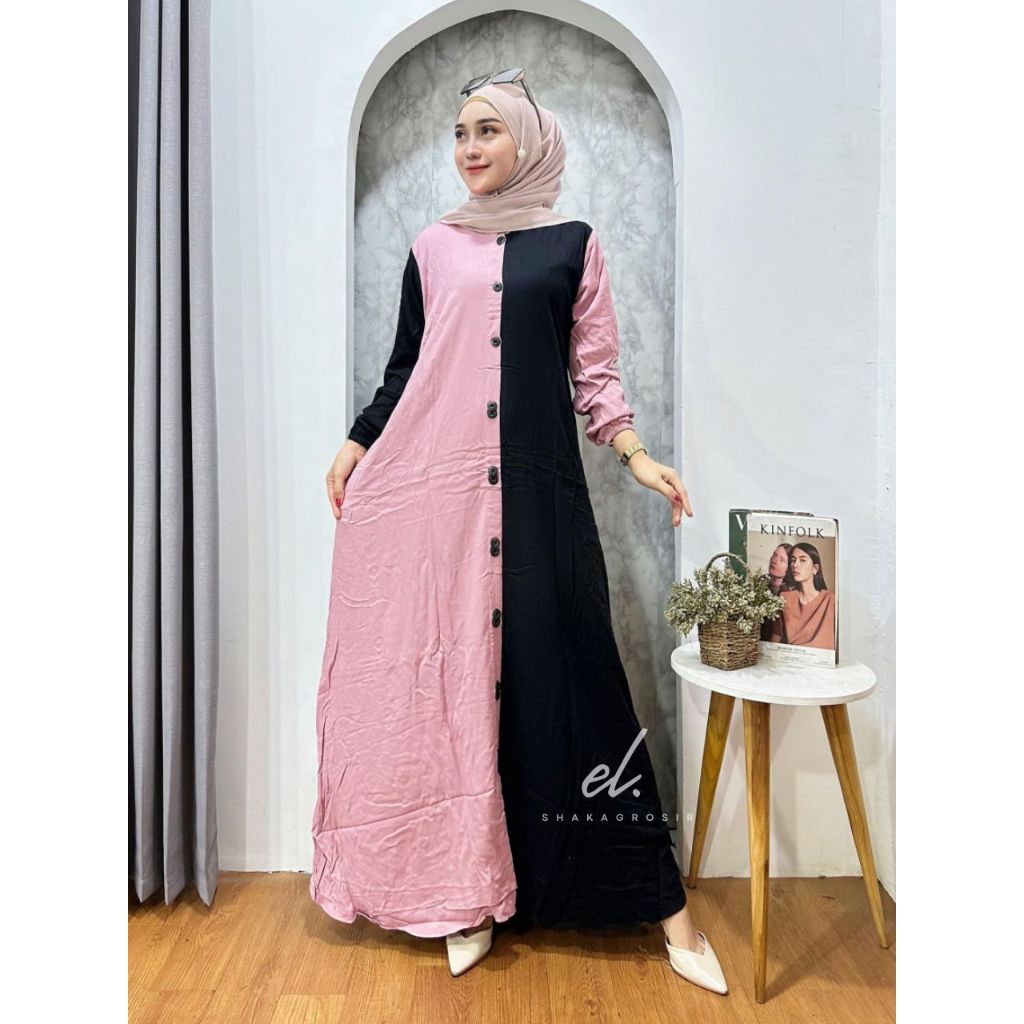 GAMIS TWILL ORI AMANDA FULL KANCING POLOS KOMBINASI 2 WARNA GAMIS LEBARAN 2025 WANITA ELEGAN DAN MOD