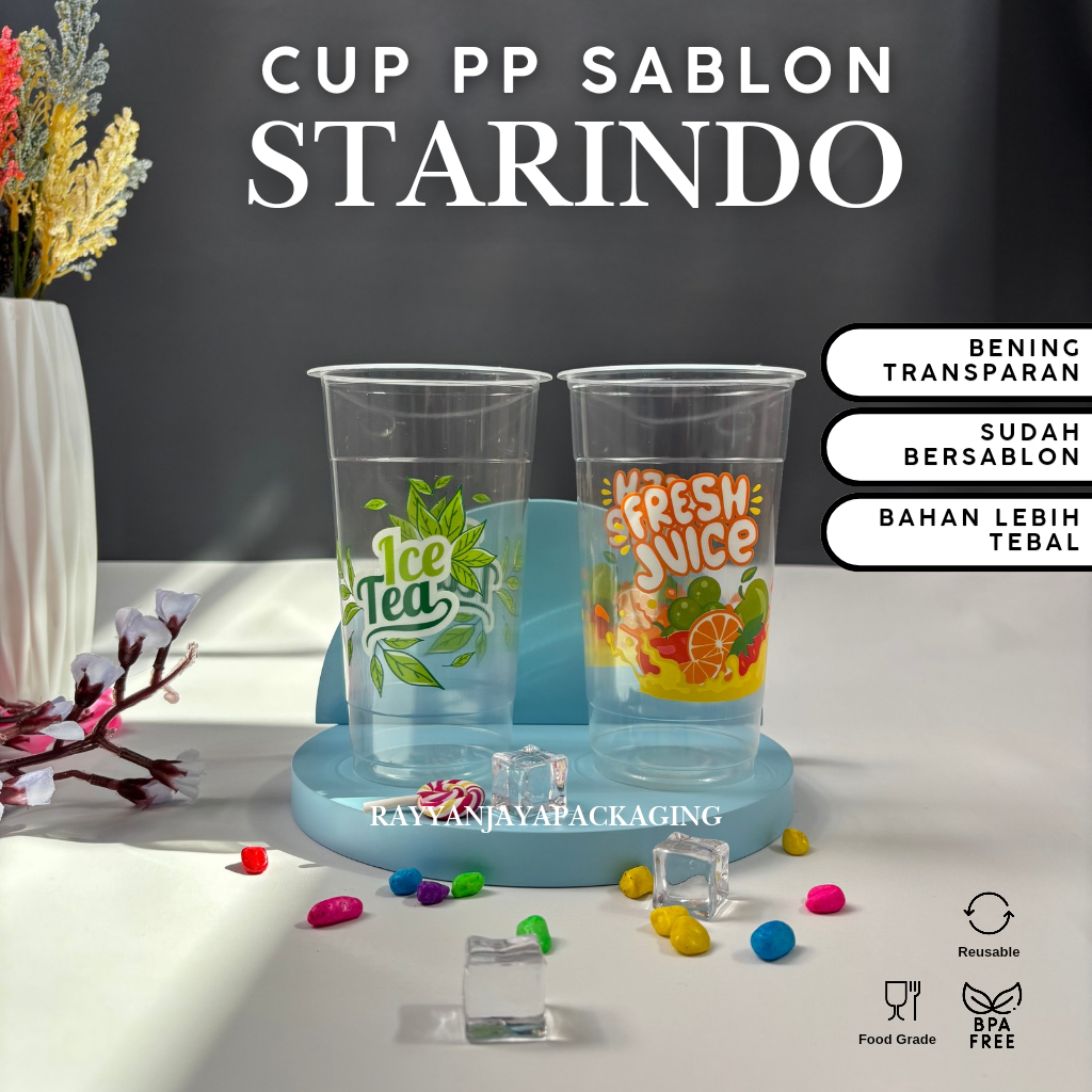 Gelas Plastik Starindo PP Bening Sablon Ice Tea Fresh Juice 22oz / Gelas Kopi / Cup Minuman Printing