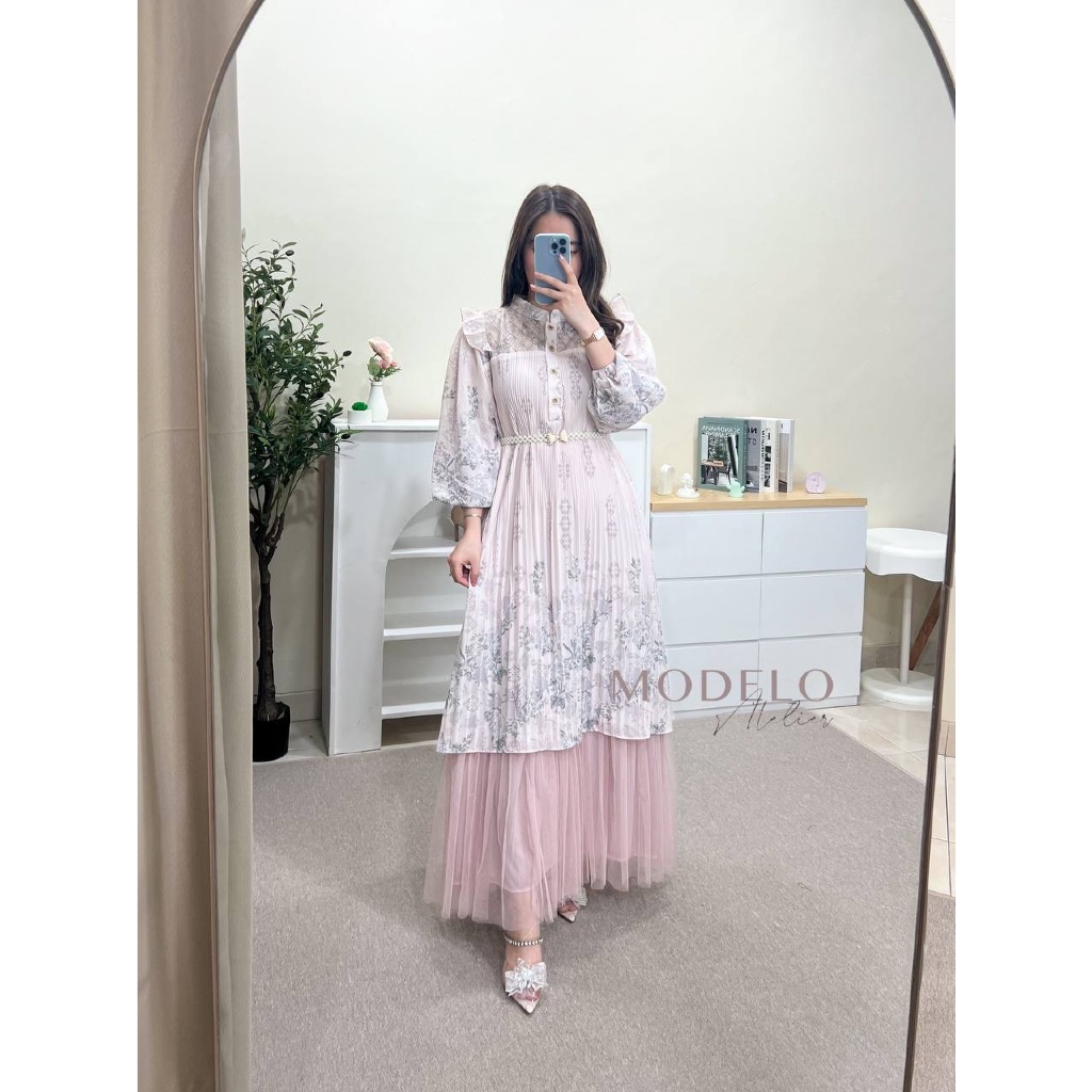 Amberly Maxy + Belt Mutiara | Gamis Plisket Motif / Gamis Meijiewang / Dress Plisket Mewah Jumbo / G