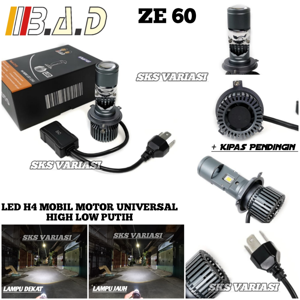 IBAD ZE 60 Lampu Utama LED H4 Biled Mini Projector ZE60 Plus Ballast dan Kipas Pendingin Mobil Motor