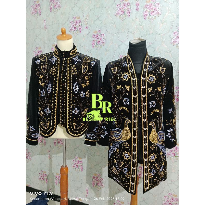 beskap pengantin couple/beskap jawa couple/ beskap bludru hitam couple merak ful jepang