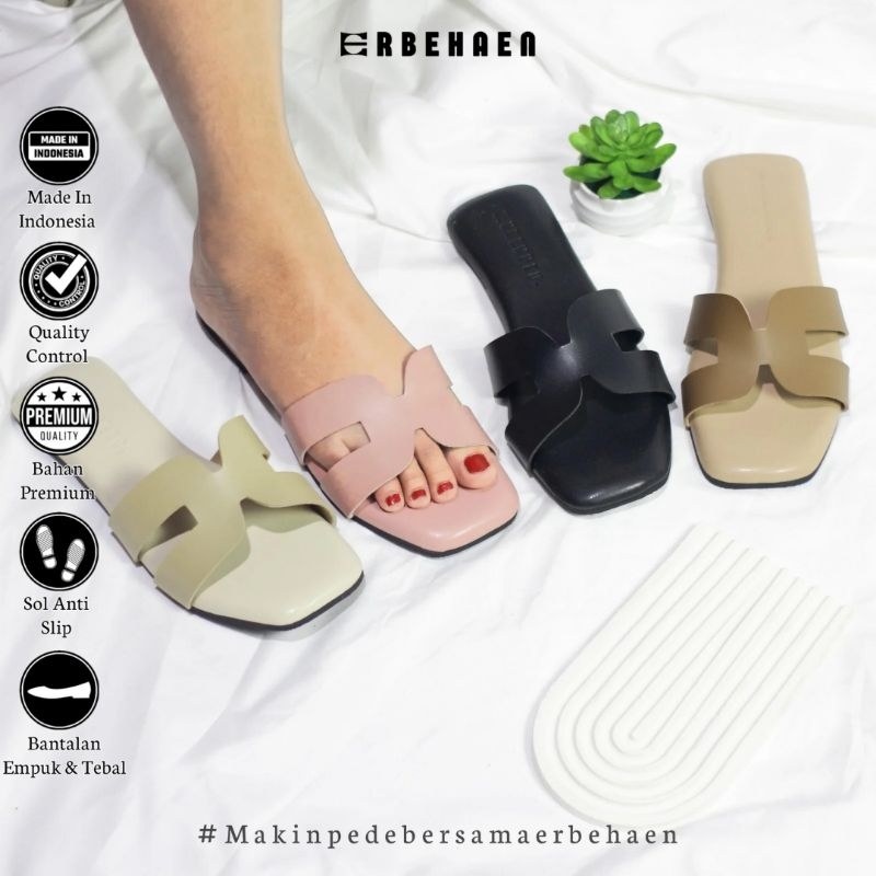 Erbehaen Sandal Wanita Slop Flat Teplek Simple Elegan Kode NN002