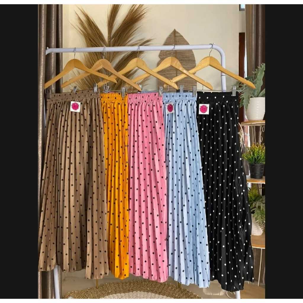 ROK PLISKET 7/8 MOTIF POLKADOT Rok Plisket Wanita Dewasa Terbaru Pinggang Karet Elastic Kekinian