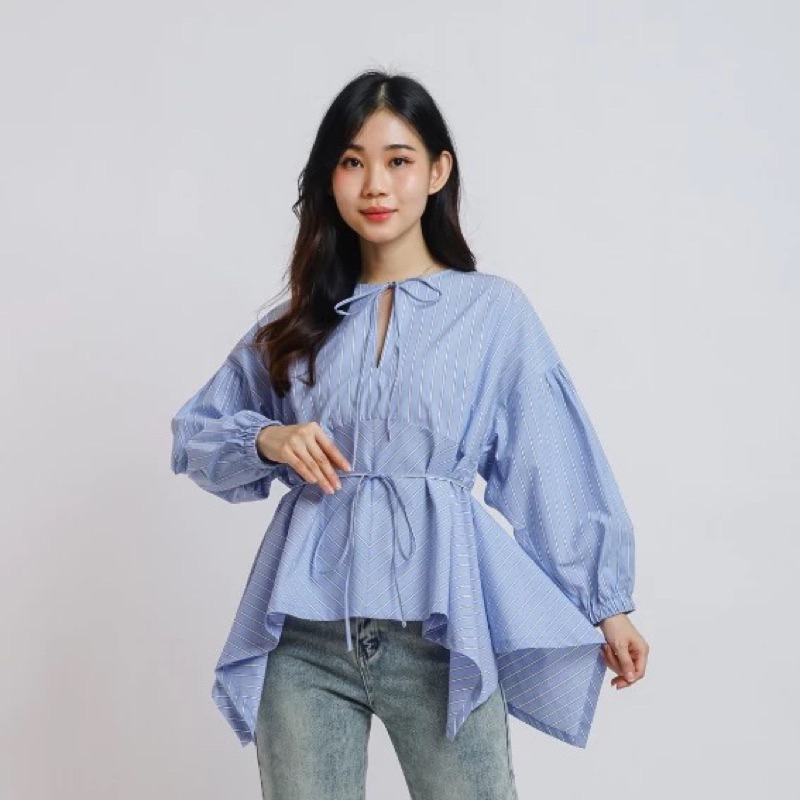 NASL Stripe long - sleeve flare blouse in blue