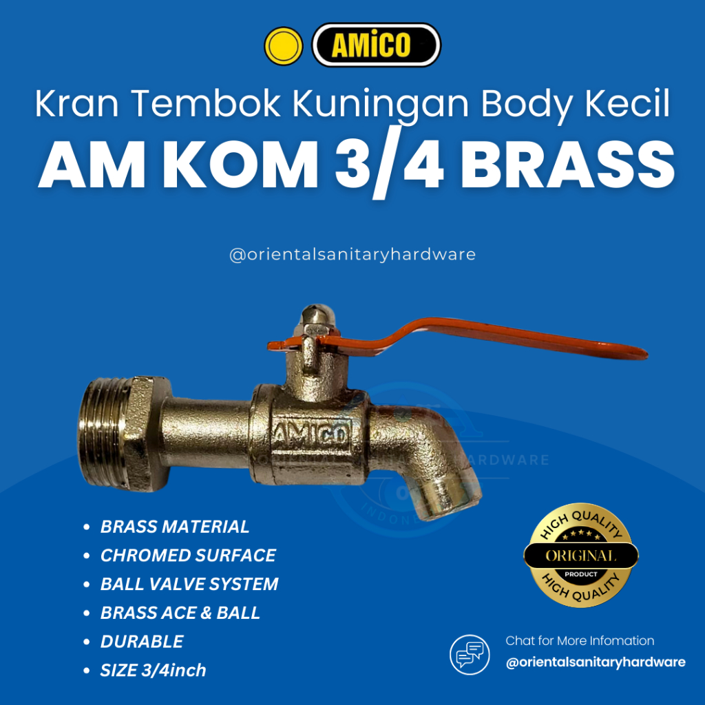 AMICO AMKOM BRASS 20 Keran Kran Air Tembok KUNINGAN 3/4inch Ball Valve Bola dan As Kuningan Wall Tap