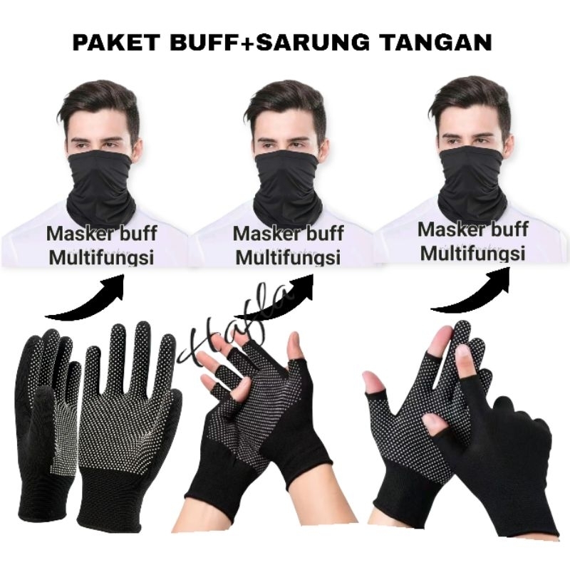 Paket Motoran BerkendaraSarung Tangan Telapak Antislip + Masker Baff Hitam  Pria Wanita Dewasa Rajut