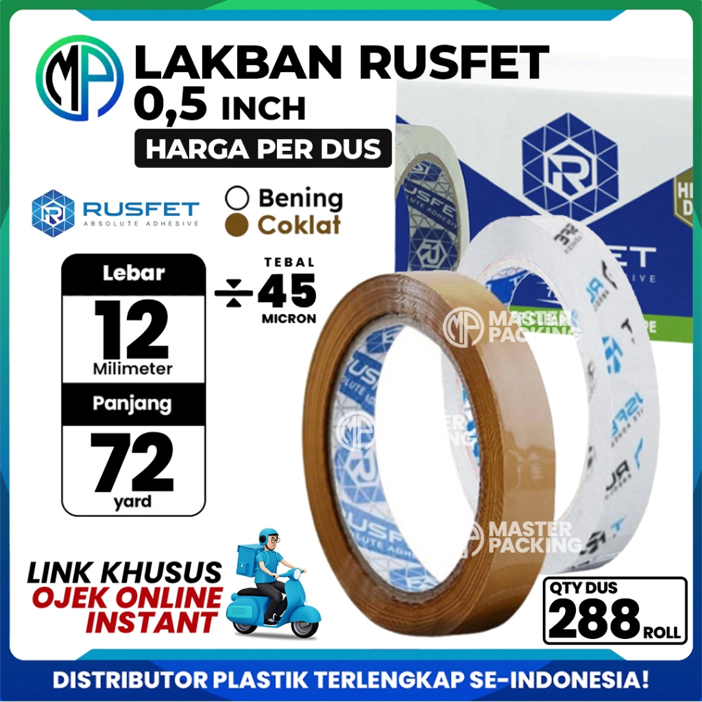 

Lakban Selotip Grosir Rusfet Super Bening dan Coklat 0,5inch 12mm x 72yard HARGA PER-DUS (VIA GOJEK)