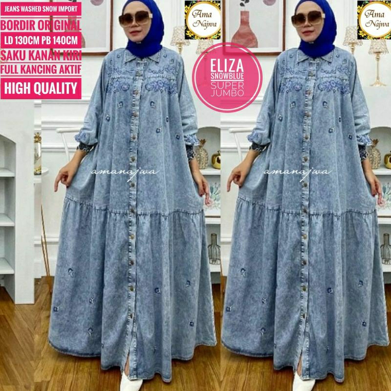 New Ld 130 Eliza Dress muslim Gamis jeans JUMBO Maxy umbrella lebar & Longgar / Amj