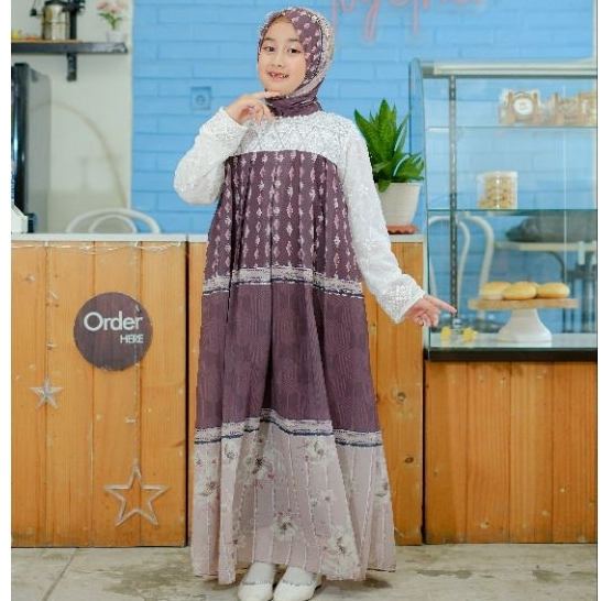 Set Gamis Anak Perempuan //Etnika Set //Dress Ceruty Babydoll mix Bruklat//Ceruty Babydoll Pasmina