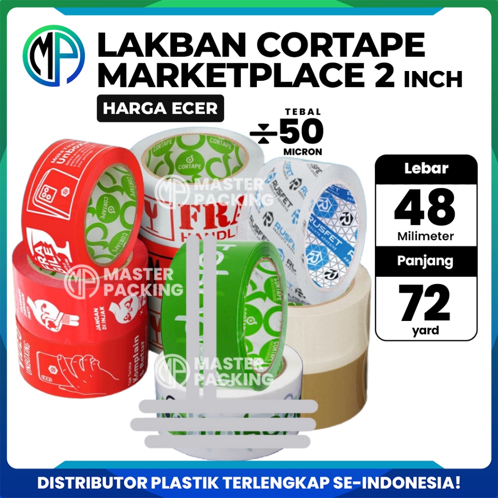 Lakban / OPP Tape / Selotip Market Fragile 3in1 Besar MarketPlace Printing Hijau Putih Orange Merah