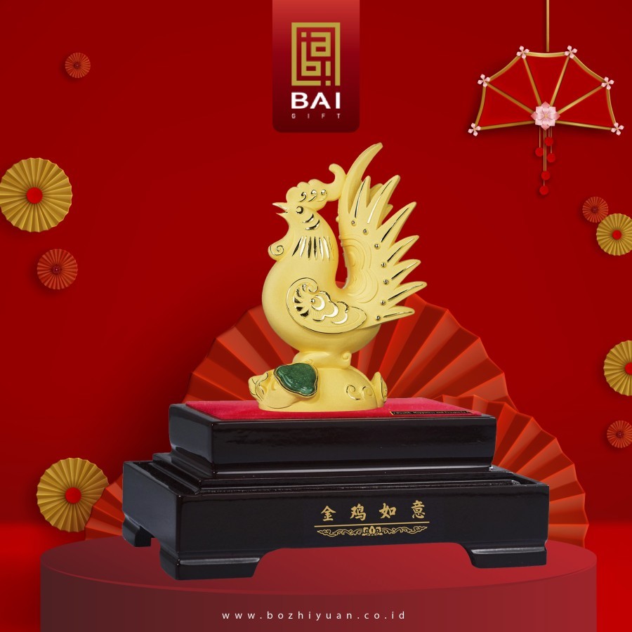 BAI GIFT Pajangan Shio Ayam Giok Lapis Emas 24K Patung Shio (Ayam Giok) Berkualitas Premium