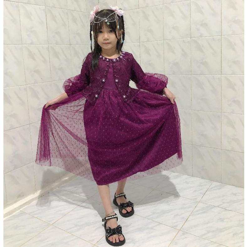 LALA - BAJU DRESS BRUKAT MUTIARA TILE ANAK LENGAN TANGAN PANJANG/GAMIS BRUKAT ANAK REMAJA DOT POLKAD