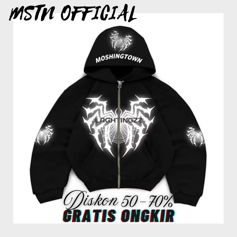 Mstn • Hoodie Double Zipper Boxy • spider black • Sablon Menyala • Hoodie • Hoodie Boxy