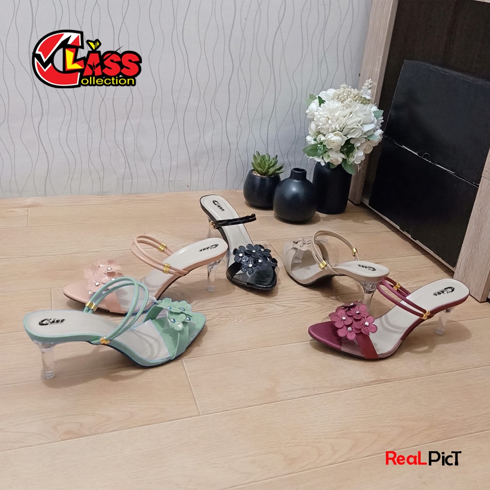 Sandal Heels Kaca Wanita - High Heels 7cm  - Sandal Pesta Wanita / High Heels Kaca Bunga Sakura