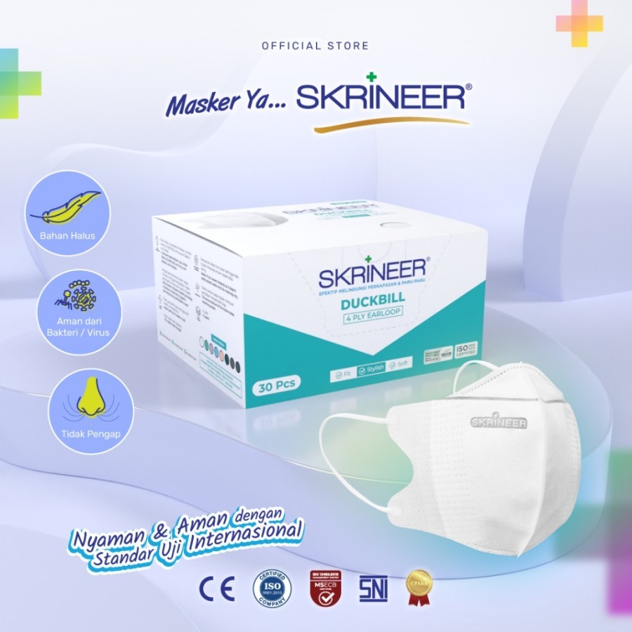 MASKER SKRINEER PUTIH ISI 30 WHITE EARLOOP BOX 4 PLY