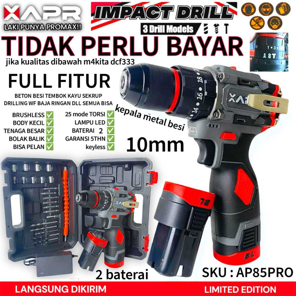 APR RAJA BOR impact drill BRUSHLESS TYPE AP85 pro 10mm keyless auto lock 2batrai BOR beton kayu besi