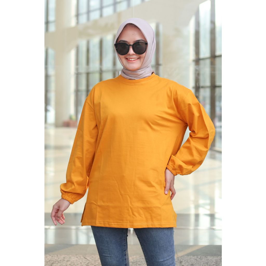 KAOS POLOS OVERSIZE WANITA LENGAN PANJANG KARET KERUT KAOS POLOS JUMBO VIRAL