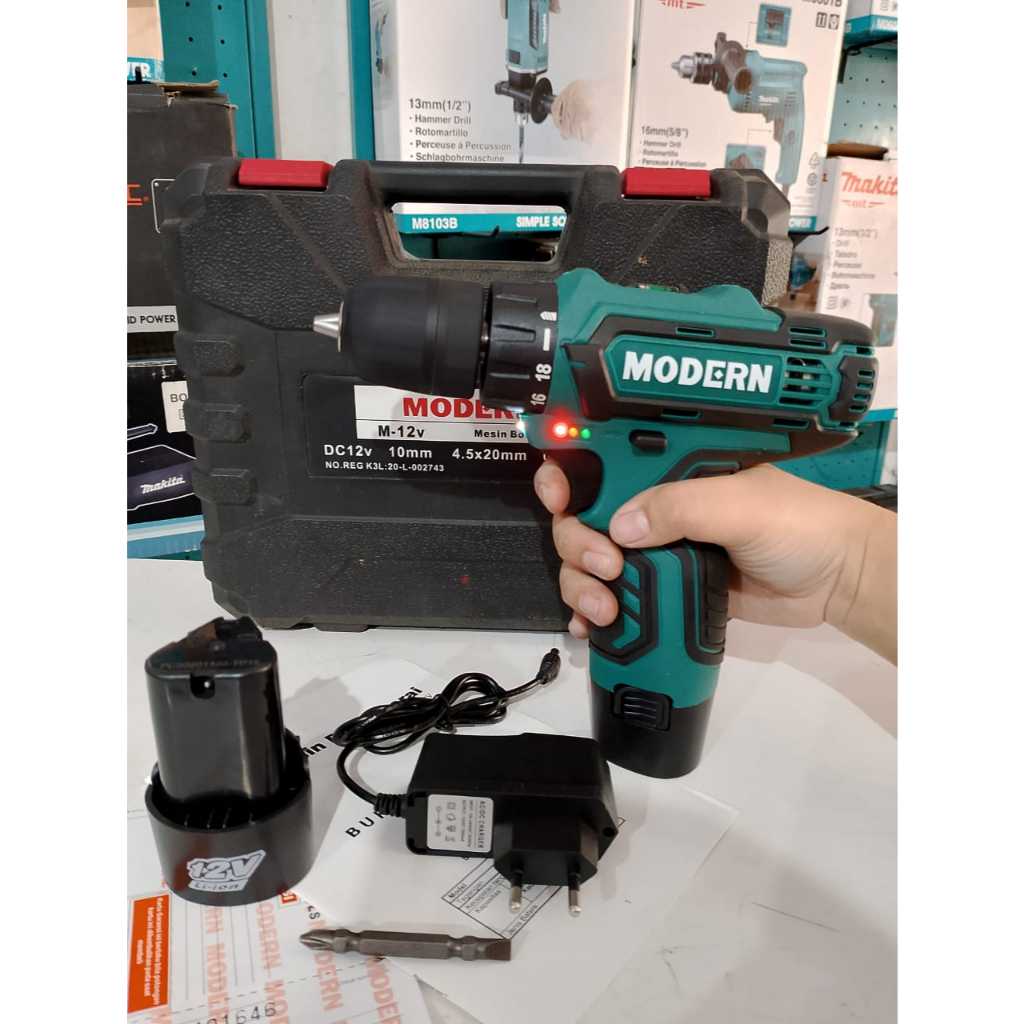 Bor Cordless Drill Modern M-12V 12Volt Bor Baterai Kayu Besi 10mm Bolak Balik 12V M12Volt