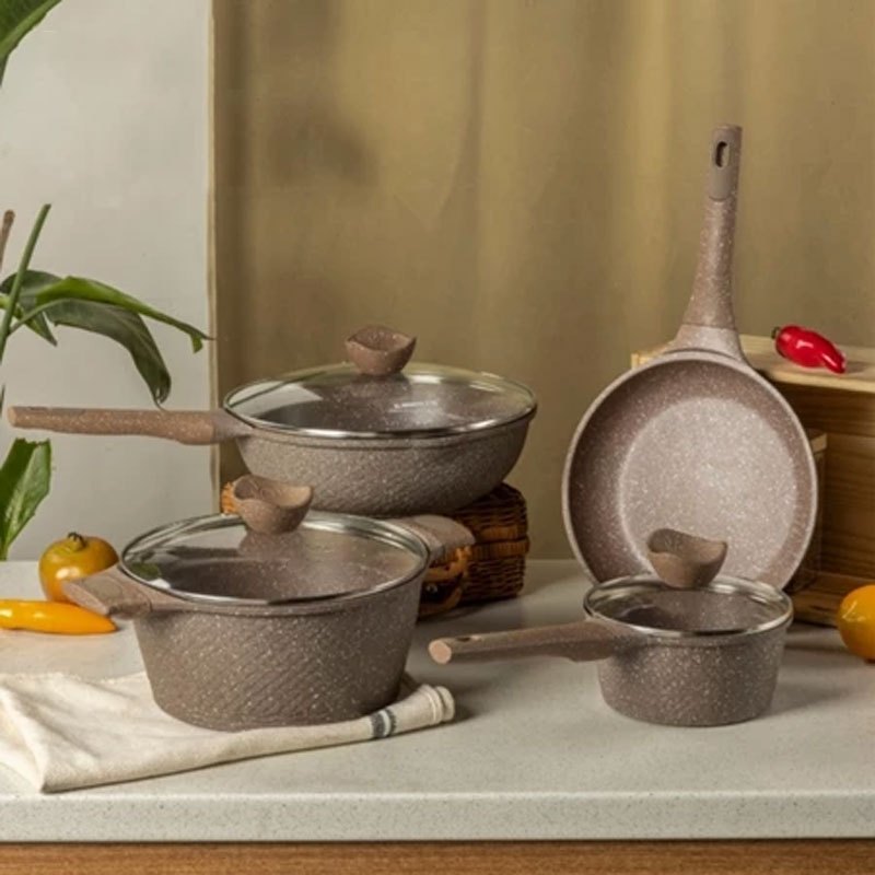 7PCS Set Wajan Anti Lengket Coklat Wajan Granit Set Wajan Anti Lengket Bebas PFOA