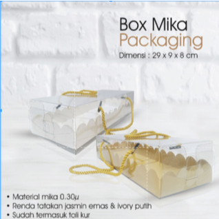 

Kotak Mika Kemasan Roll Cake / Swiss Roll Uk. 29 x 9 x 8 ( Tebal 0,30 ) Sudah Termasuk Tali