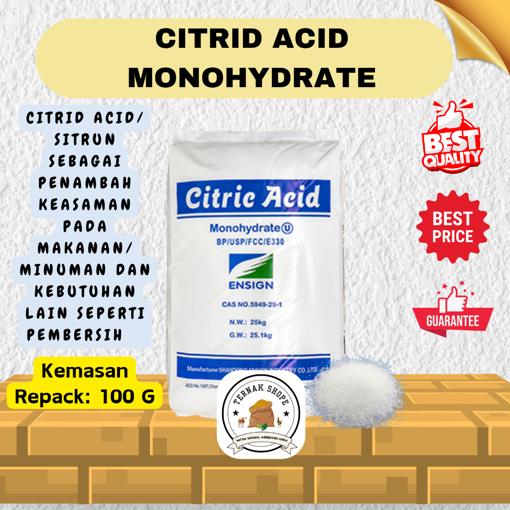 

CITRID ACID MONOHYDRATE ( Repack: 100 gram) / Sitrun / Food Grade / Bahan Penambah Rasa Asam pada Makanan Minuman / Pembersih Noda Peralatan Membandel