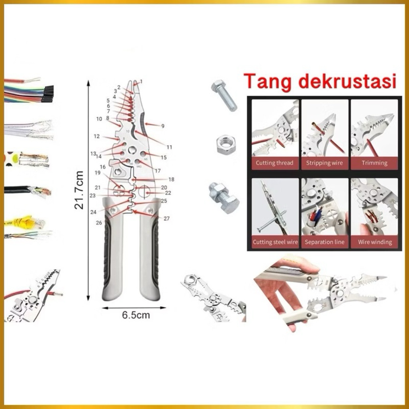 Tang Dekrustasi 27in1 Pemotong Kabel Kawat Alat Tang Pengupas Kabel Listrik Multifungsi