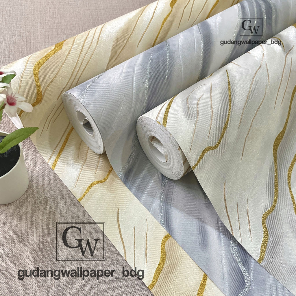 Wallpaper Vinyl Motif Marmer Warna Light Silver, Cream Gold,
