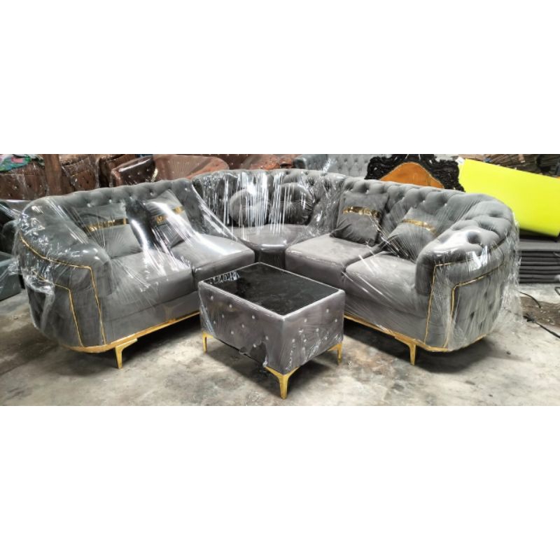 SOFA LETTER L LIST GOLD MEWAH TURKI + MEJA + KACA + PUFF / SOFA INTERIOR RUMAH EMPUK NYAMAN LEMBUT L