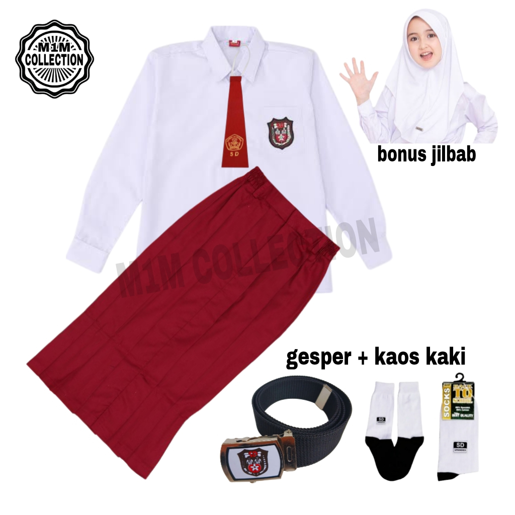 Setelan Seragam Sekolah SD Merah Putih Anak Perempuan Panjang Kelas 1-6 SD Lengkap Bonus Hijab Putih